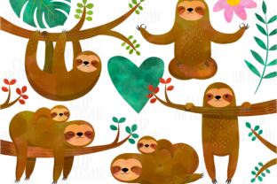 Watercolor Sloths Clipart & Illustrations